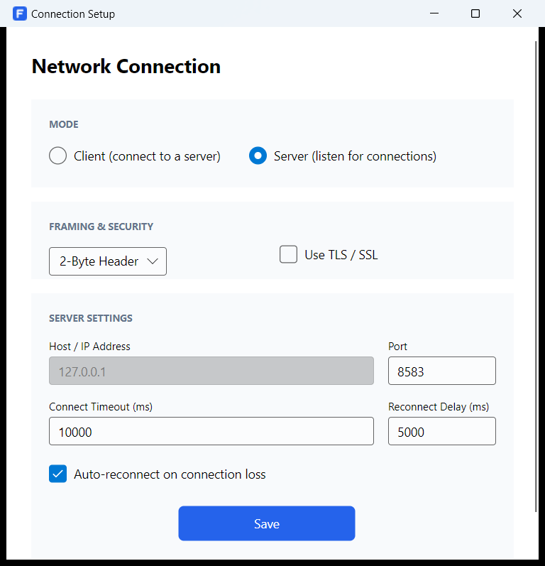 Connection setup in server mode