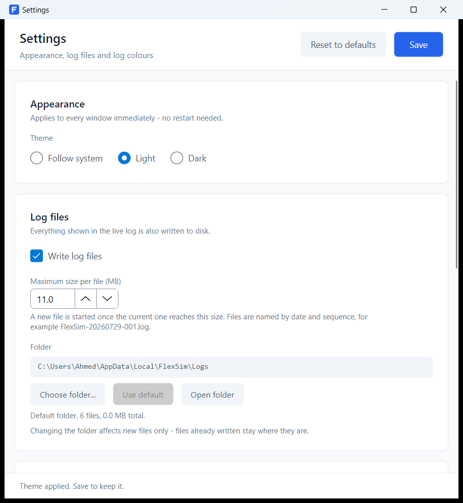 The settings window